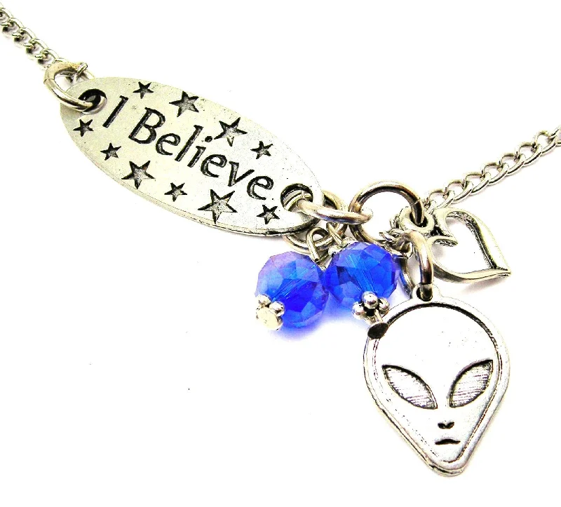 Diamond Pendant Necklace-I Believe And Alien Face Lariat Necklace