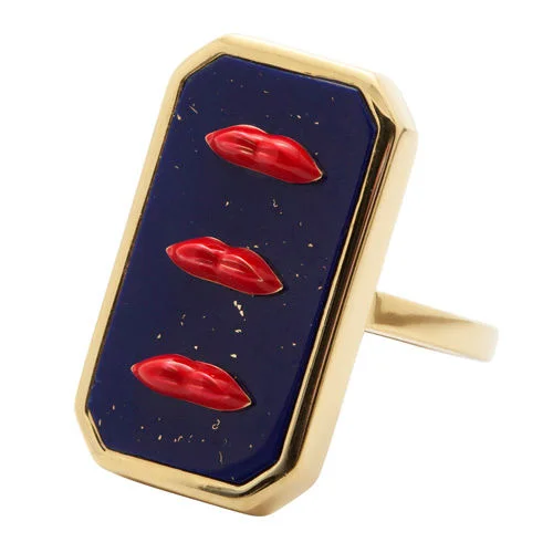 Wedding Ring Set for Women-Three Lips Red & Blue Gold Plated Ring