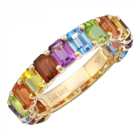 Classic Gold Wedding Ring-3/4 Gemstone Rainbow Ring Petite Emerald Cut