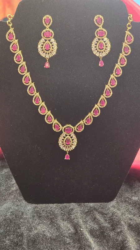 Customizable Gold Necklace-Beautiful Golden Color Necklace Set With Ruby Stone And Earrings For Women