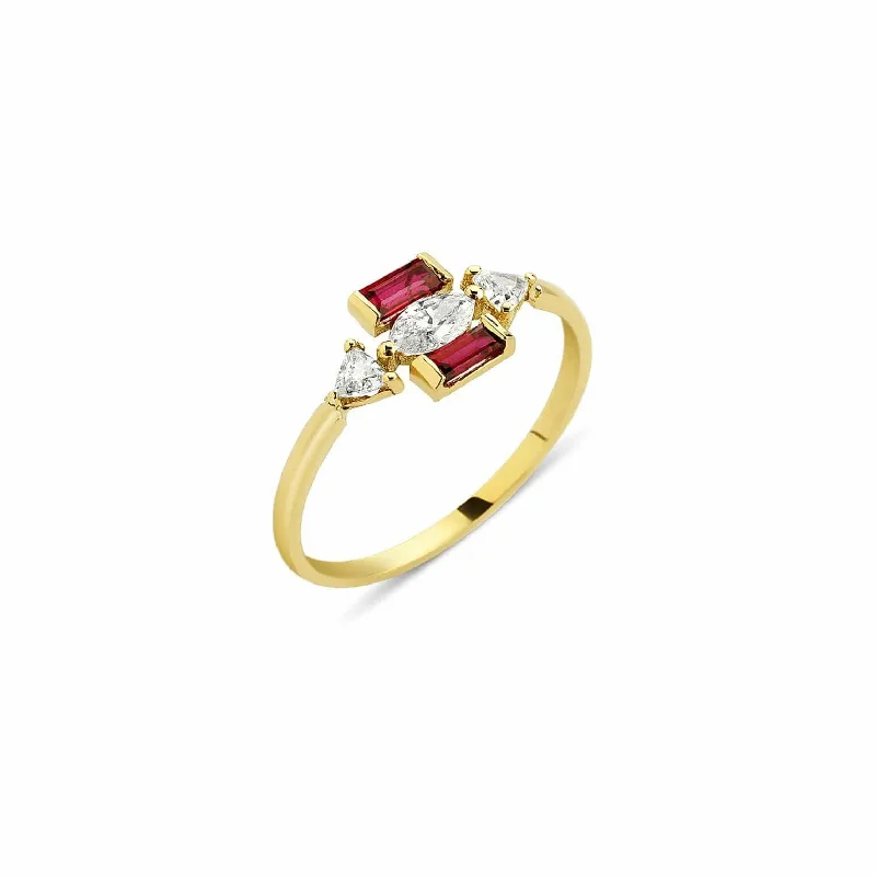 Customizable Engagement Ring-Eline 18K Gold Ring w. Diamonds & Rubies