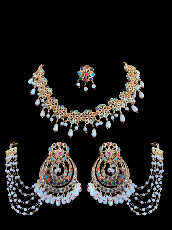 Women’s Gold Necklace-NS194 Malavika necklace set in Navratan    ( SHIPS IN 2 WEEKS  )