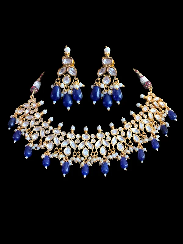 Modern Pendant Necklace-NS355 high quality polki necklace in pearls  and blue  beads ( READY TO SHIP)