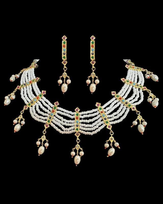 Gold Pendant Necklace-C517 Navratan necklace with earrings ( READY TO SHIP )