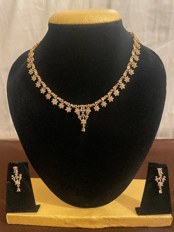 Vintage Silver Necklace-Stunning Gold Plated White Stones Necklace Set With Earrings For Women