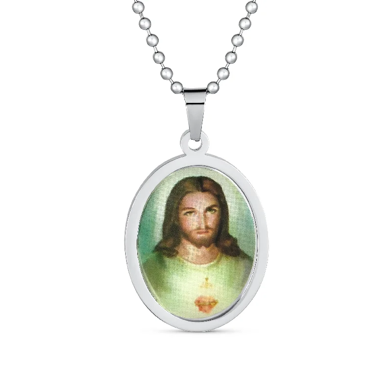 Pearl Necklace for Bride-Unisex Oval Sacred Heart Jesus Pendant Necklace Silver Stainless Steel Medallion