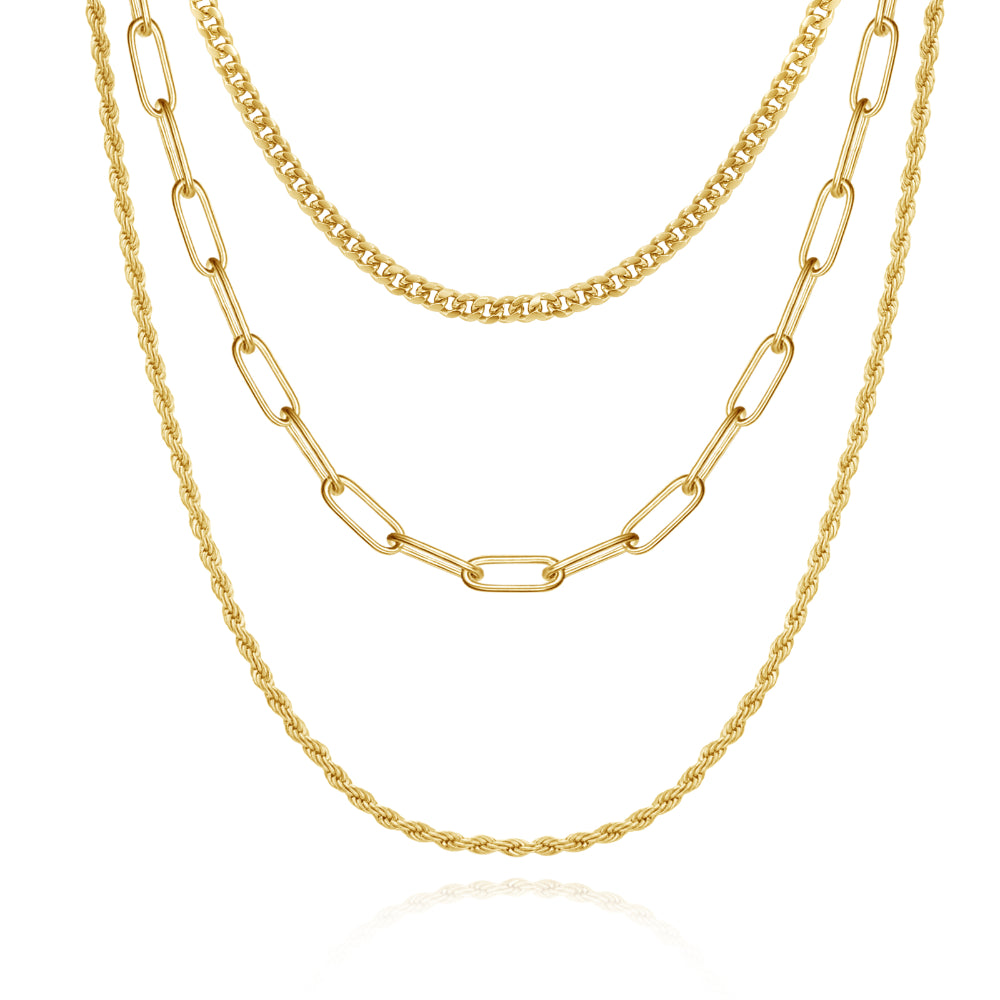 Fashion Jewelry Necklace-Dainty 14K Gold Layered Necklaces- Cuban+Rope+Paperclip