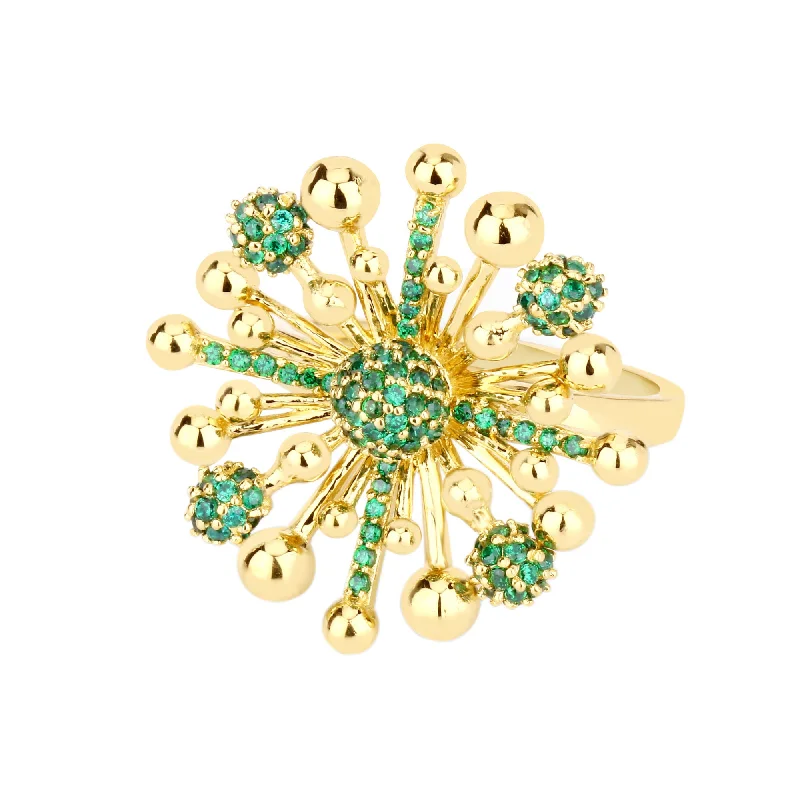 Chunky Silver Ring-Floret 18K Gold Plated Ring w. Green Zirconias