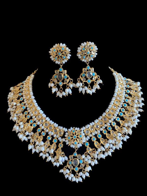 Black Diamond Necklace-Kali feroza hyderabadi  necklace set in fresh water pearls (SHIPS IN 4 WEEKS )