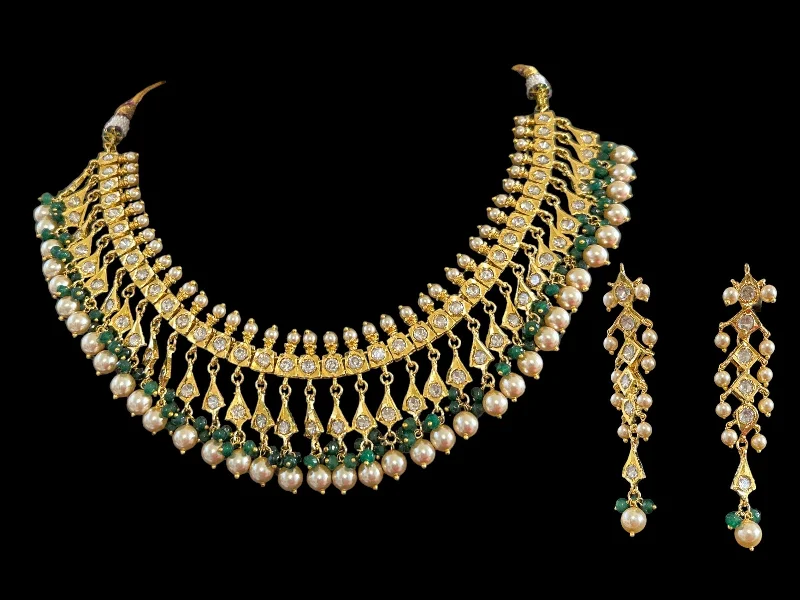 Handmade Gold Necklace-DNS87 Barfi necklace set with earrings in moissanite Polki and pearls ( READY TO SHIP )