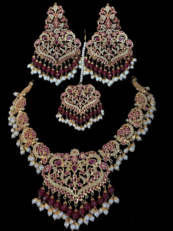 Delicate Chain Necklace-NS208 Neeli jadau pearl necklace with earrings tika in ruby( SHIPS IN 3 WEEKS  )