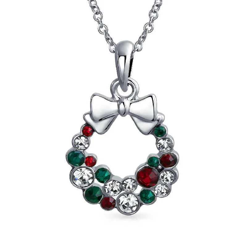 Charm Necklace for Women-Fashion Sparkling Christmas Bow Crystal Holiday Pendant Necklace Silver Plated