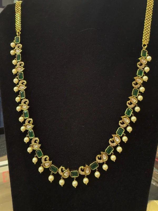 Contemporary Necklace for Women-Alluring Gold Plated Green Stoned And White Beaded Long Chain