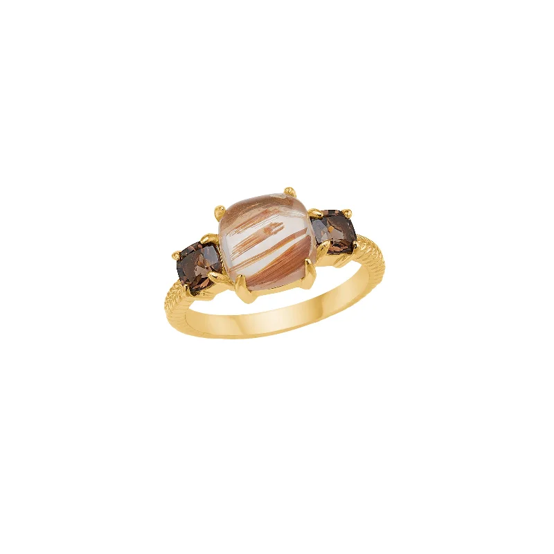 Stylish Gold Ring-18K Gold Plated Ring w. Rutile & Smoked Quartz