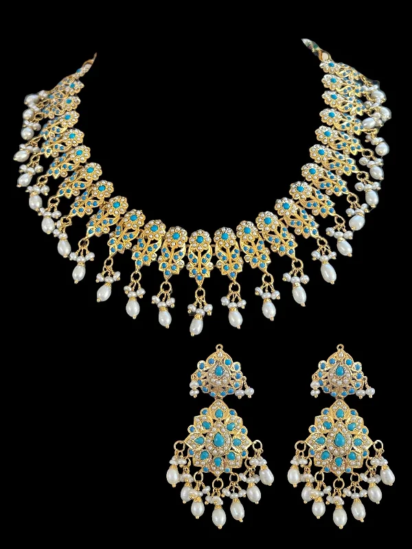 Multi-Layer Necklace-Turquoise pearl gold plated silver necklace set ( SHIPS IN 5 WEEKS )