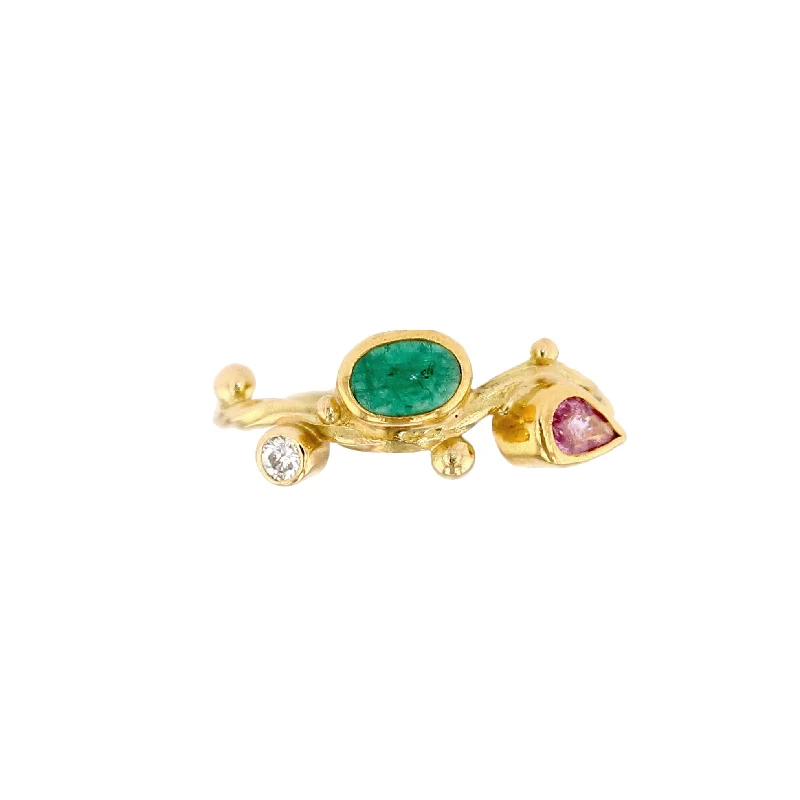 Large Emerald Engagement Ring-Seafire 18K & 22K Gold Ring w. Diamond, Sapphire & Emerald