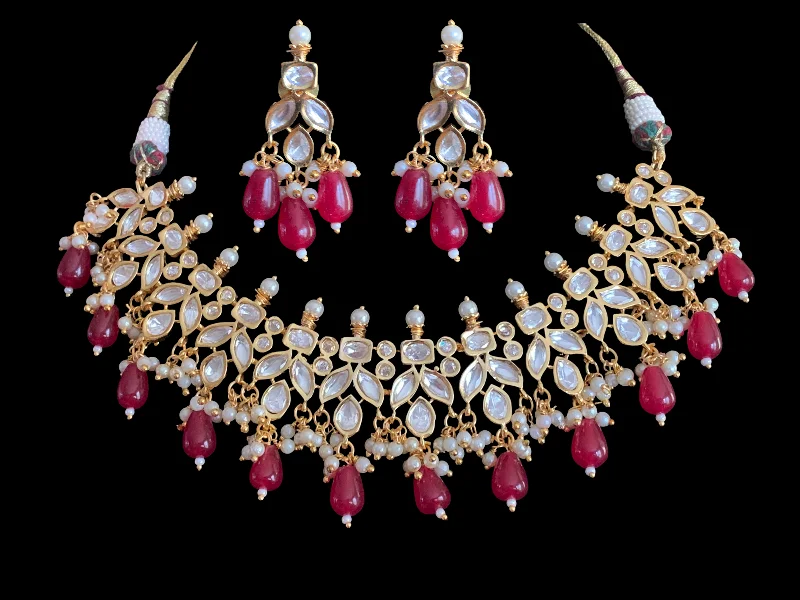 Silver Drop Necklace-NS354 high quality polki necklace in pearls  and ruby beads ( READY TO SHIP)