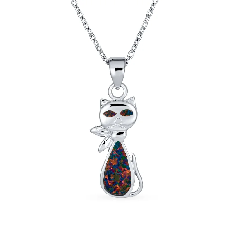 Gemstone Pendant Necklace-Gemstone Black Opal Cat Pendant Necklace in Sterling Silver - Cute Animal Jewelry