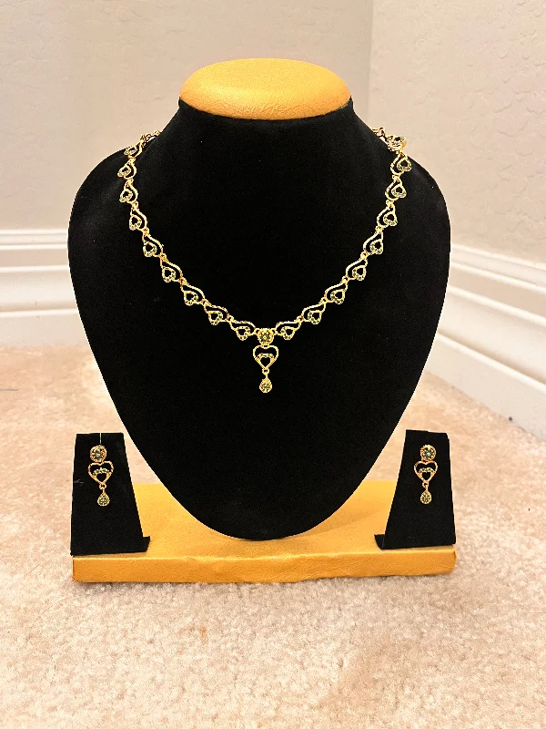 Simple Silver Pendant Necklace-Gorgeous Gold Plated And Green Stoned Jewelry Set For Women