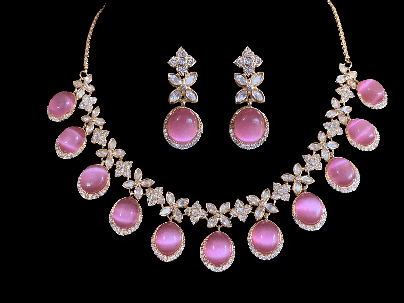 Custom Birthstone Necklace for Mom-NS347 Gold plated high quality cz polki necklace with earrings - pink   ( READY TO SHIP)