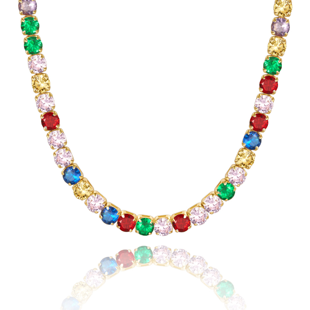 Gold Pendant Necklace-14K Gold Diamond Tennis Necklace CZ Baguette Tennis Chain- Round Rainbow CZ