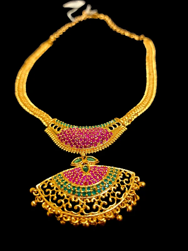 Antique Gold Necklace-Traditional Gold Plated Beaded Ruby And Green Stone Necklace