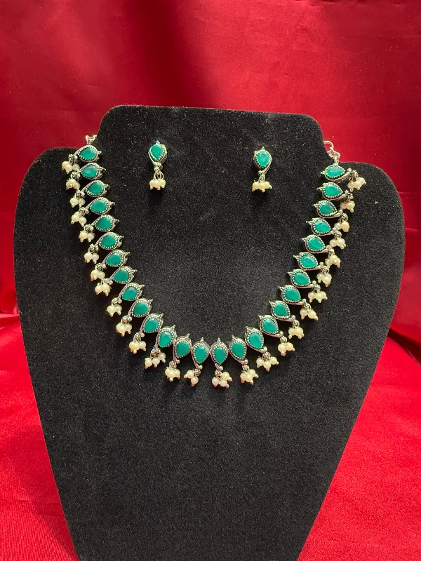 Classic Gold Necklace for Women-Appealing Emerald Green Stone Oxidized Pearl Beaded Necklace With Earrings Set