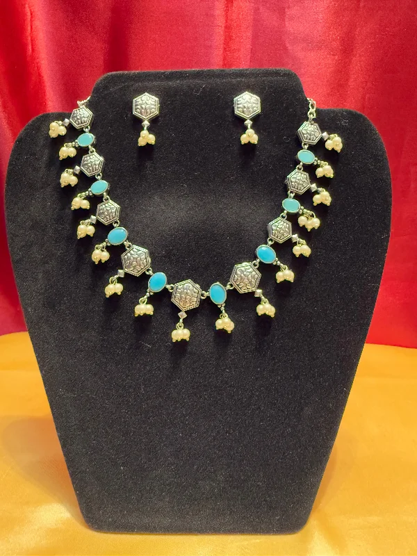 Women’s Engagement Necklace-Appealing Sky Blue Stone Oxidized Pearl Bead Necklace With Earring Set