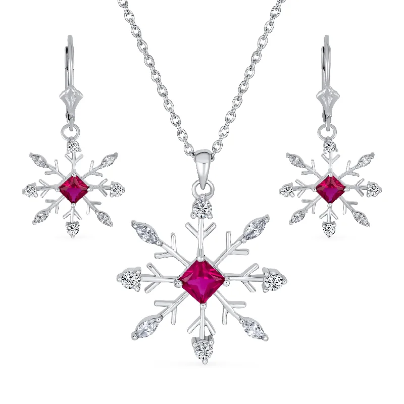 Personalized Pendant Necklace-Holiday Party Jewelry Set Pink Rose CZ Snowflake Necklace & Earrings Silver