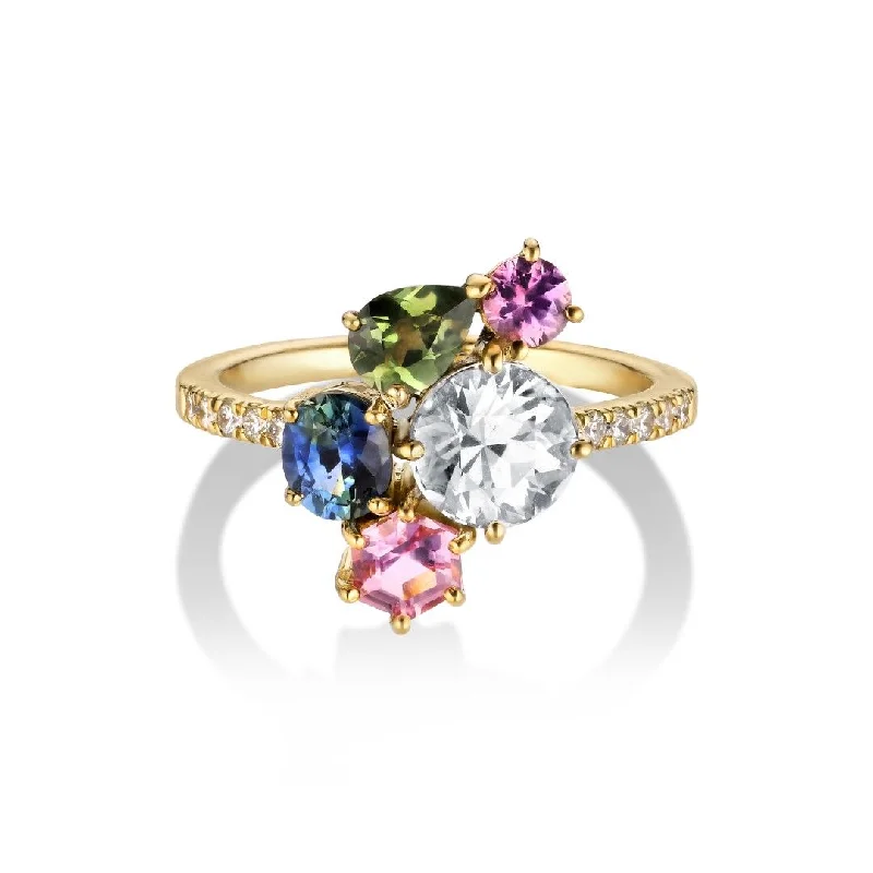 Diamond Cluster Ring-Varnaya Amatara 18K Gold Ring w. Diamond & Sapphires