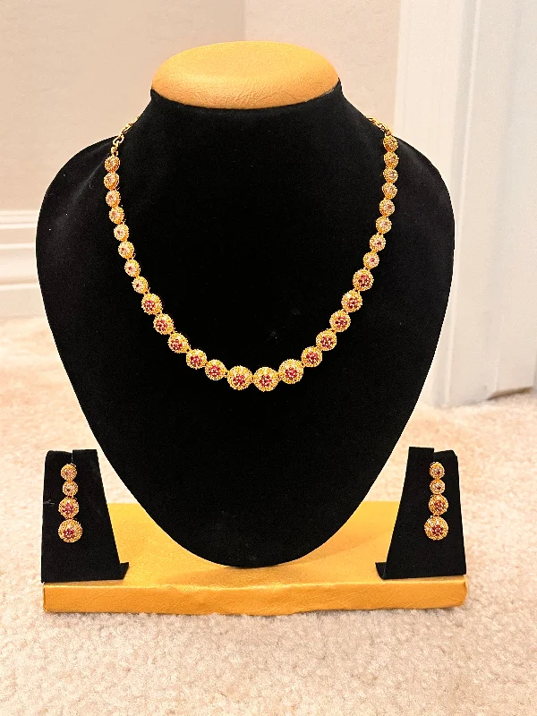 Classic Diamond Necklace-Stunning Gold Plated And Pink White Stoned Necklace Set For Women