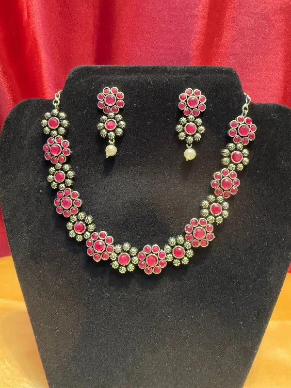 Vintage Silver Necklace-Gorgeous Oxidized Pink With Flowers Designed Necklace With Earring Set