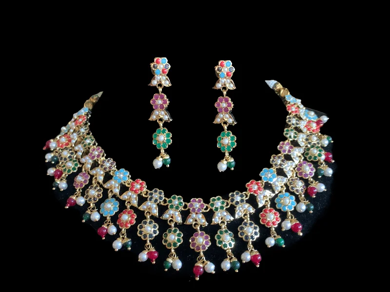 Personalized Pendant Necklace-NS258 Neha jadau necklace set ( Navratan   pearl ) - SHIPS IN 4 WEEKS