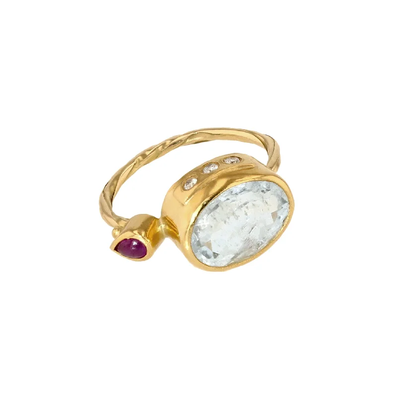 Custom Promise Ring for Women-Cocktail 18K & 22K Gold Ring w. Aquamarine, Ruby & Diamonds