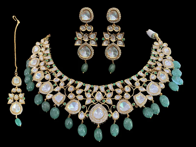 Silver Drop Necklace-NS17 Tanu polki with emerald  beads necklace set (SHIPS IN 4 WEEKS  )