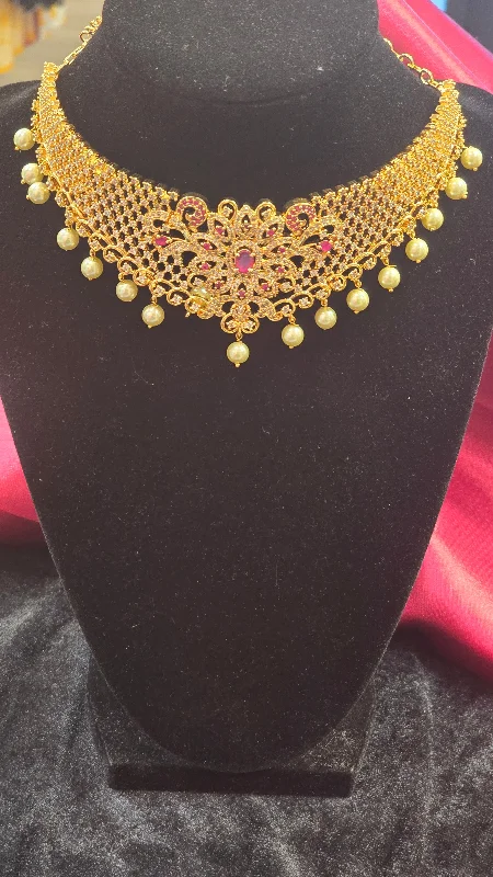 Diamond Pendant Necklace-Mesmerizing Golden Color Choker Set With Ruby Stone And Earrings For Women