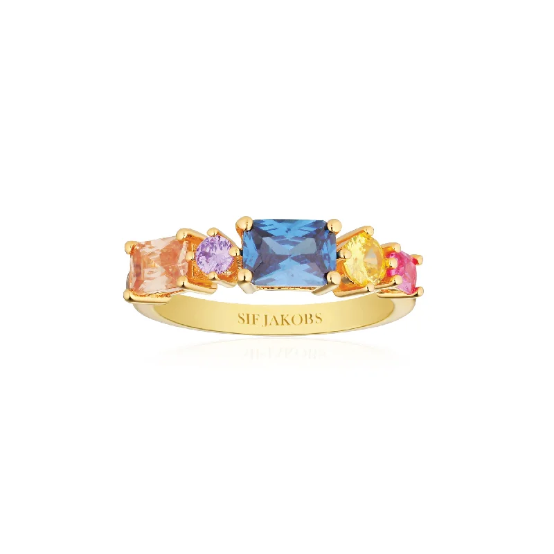 Silver Ring with Blue Sapphire-Ivrea 18K Gold Plated Ring w. Mixed Colors Zirconias