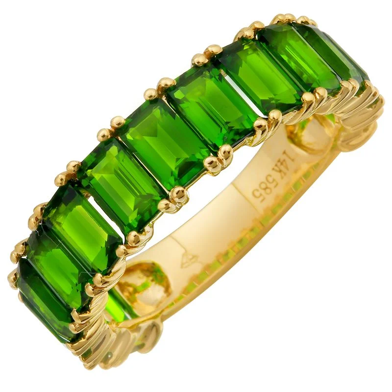 Gold Wedding Ring with Diamonds-14k Gold Emerald Cut Chrome Diopside 3/4 Band