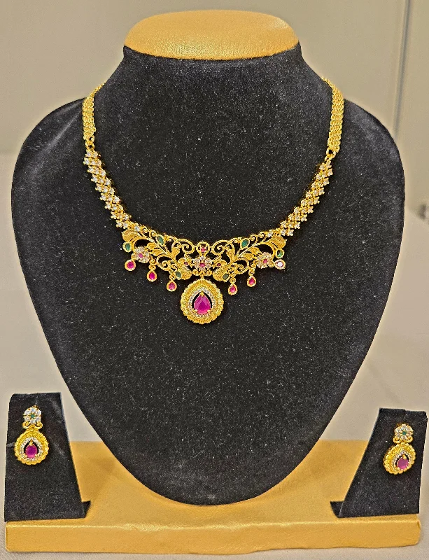 Long Necklace for Party-Beautiful Gold Plated Multicolor Choker Set With Earrings