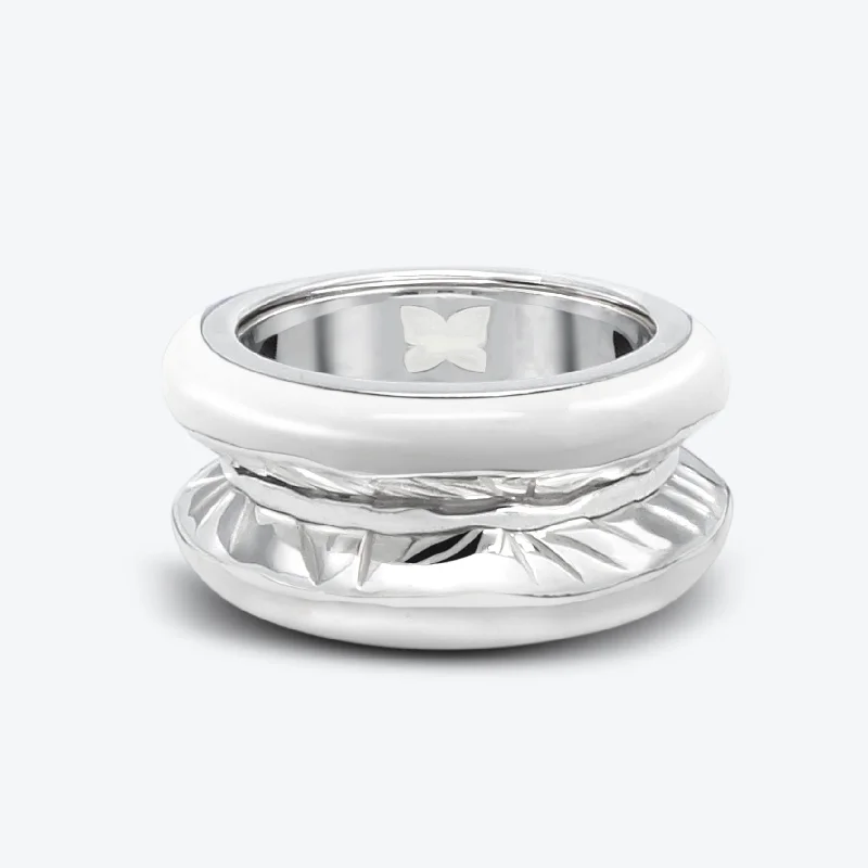 Personalized Ring with Initials-Antarctica 18K White Gold Ring w. Snow White Enamel