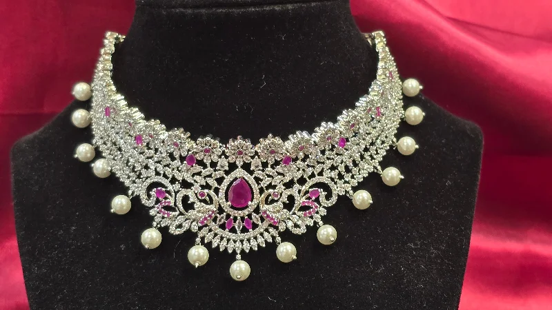 Bridal Pendant Necklace-Elegant Ruby Stoned With Flower Design American Diamond Set And Earrings For Women