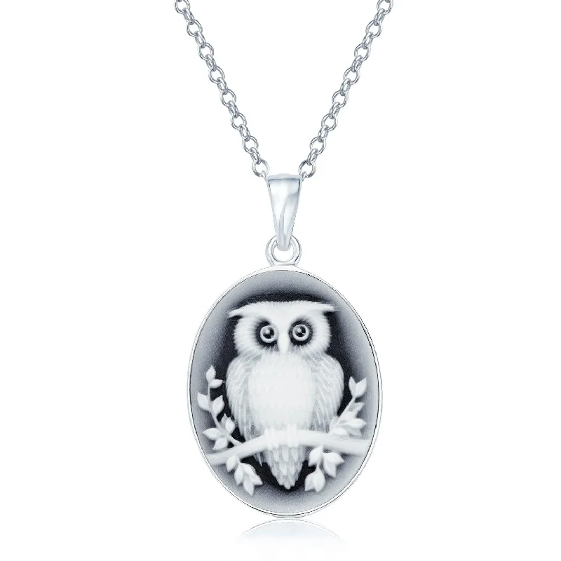 Sterling Silver Necklace-Simulated Black Onyx Owl Cameo Pendant Necklace in Sterling Silver Oval Branch Design