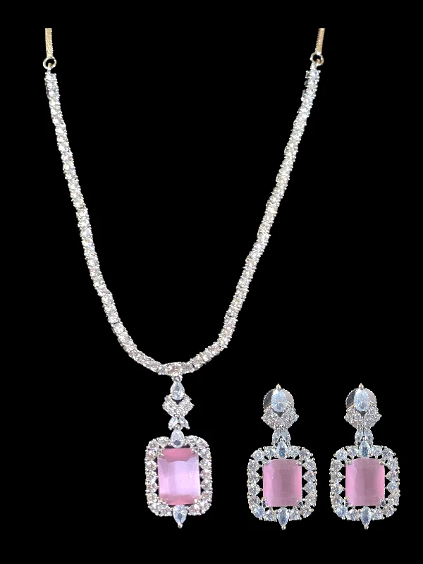 Multicolor Pendant Necklace-NS276 Myrha cz necklace set -PINK  READY TO SHIP )