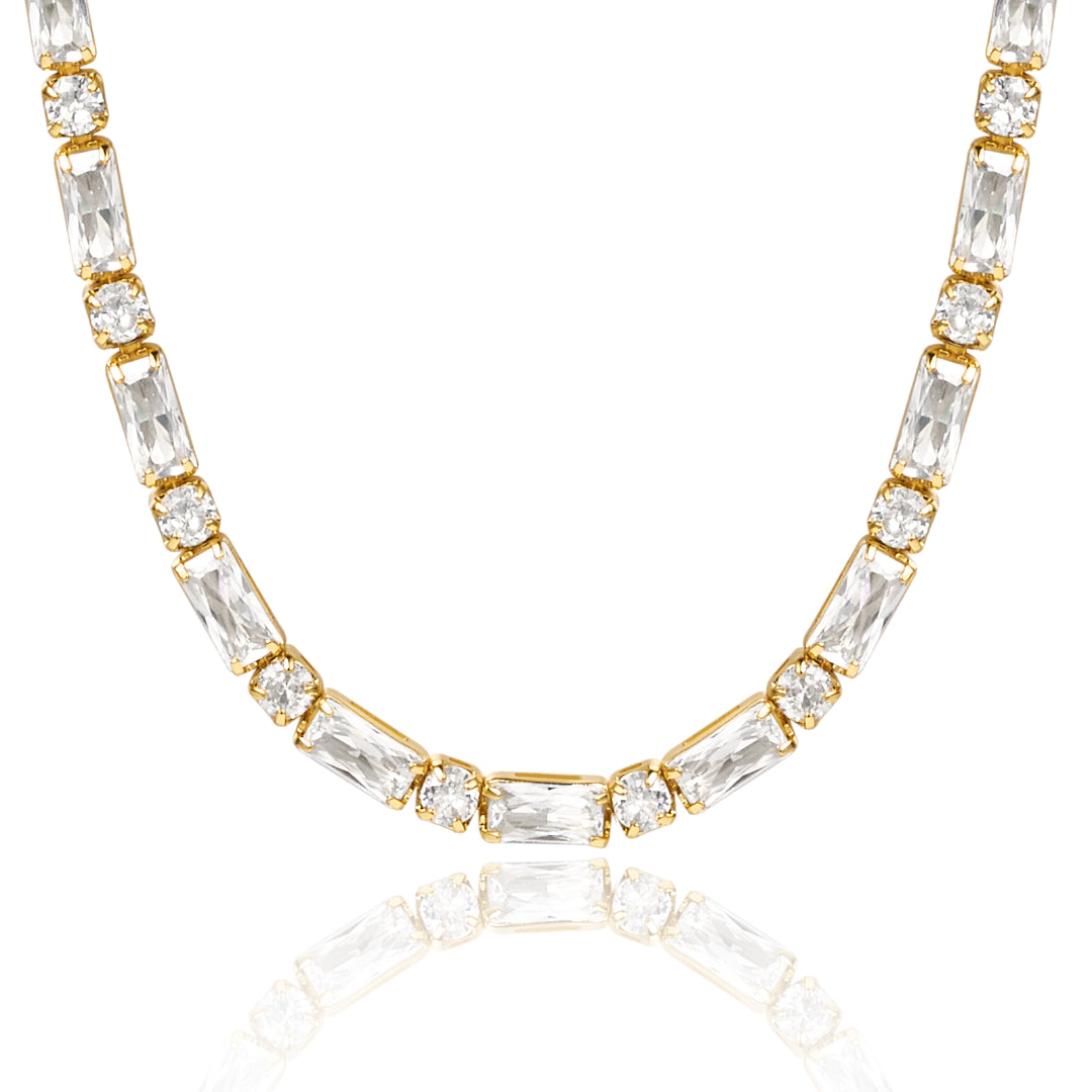 Silver Chain with Gemstones-14K Gold Diamond Tennis Necklace CZ Baguette Tennis Chain- Square CZ