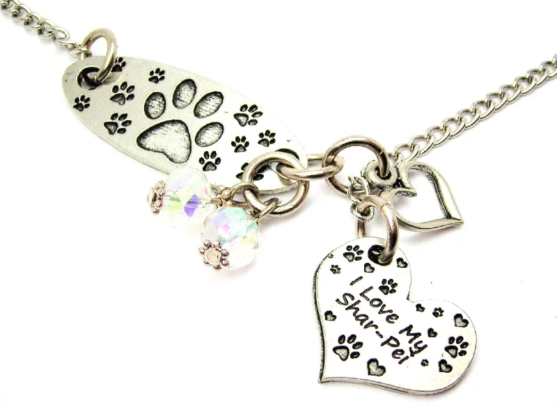 Custom Infinity Necklace-Paw Prints All Over And I Love My Shar-Pei Heart Lariat Necklace