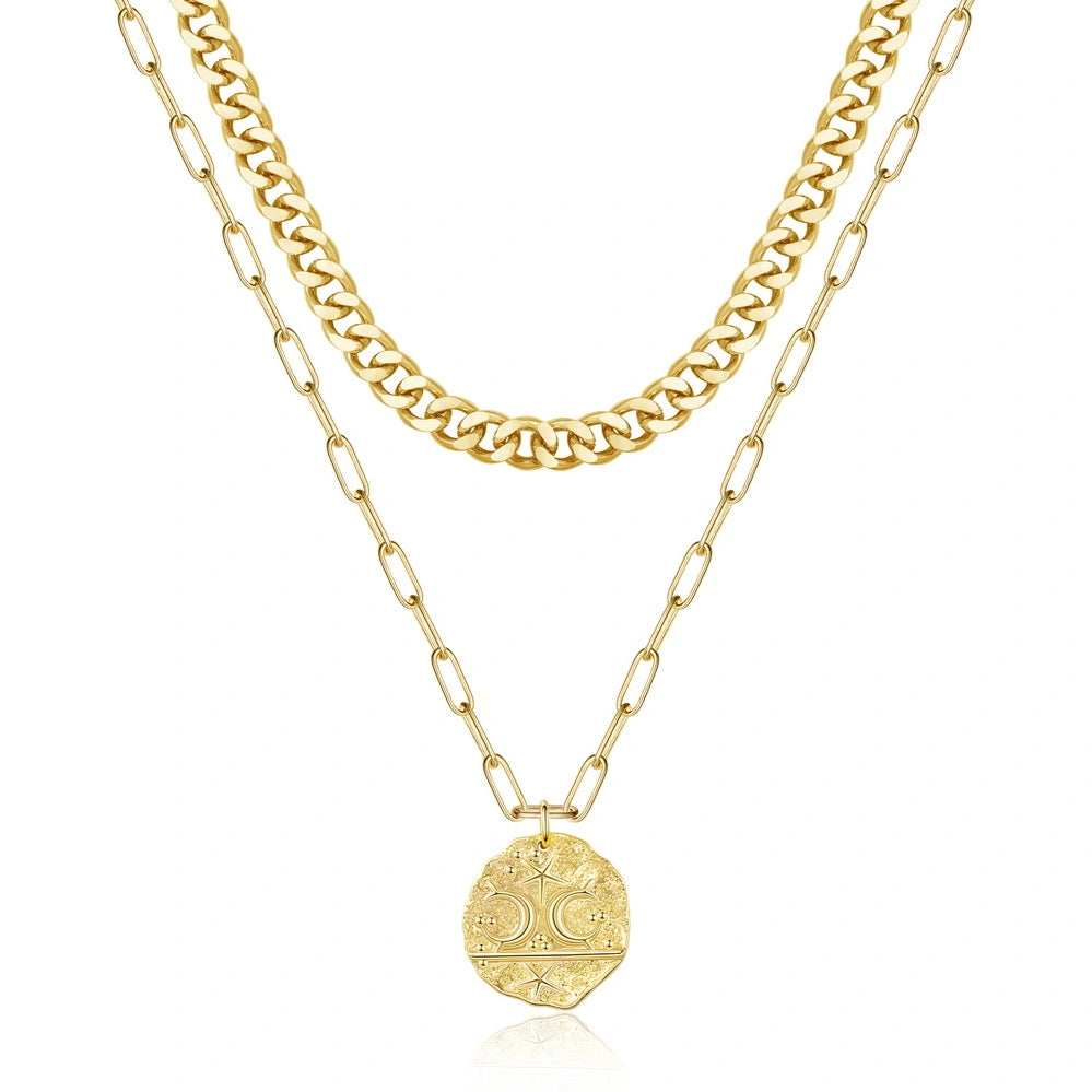 Classic Chain Necklace-14K Gold Layered Moon Star Medallion Pendant Necklace for Women