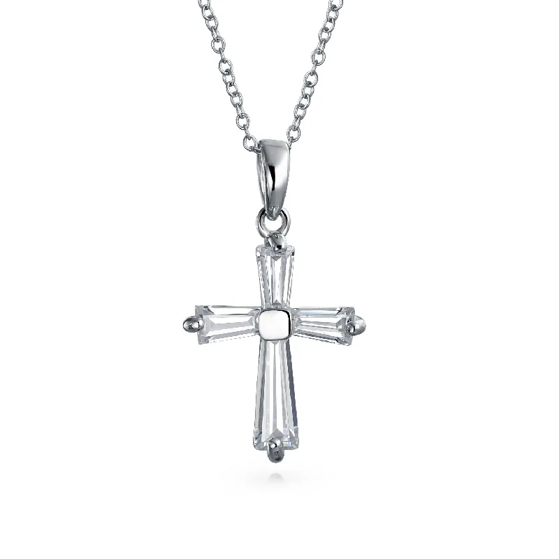 Handcrafted Silver Necklace-Bridal Necklace Minimalist Baguette-Cut Cubic Zirconia Cross Pendant in Sterling Silver