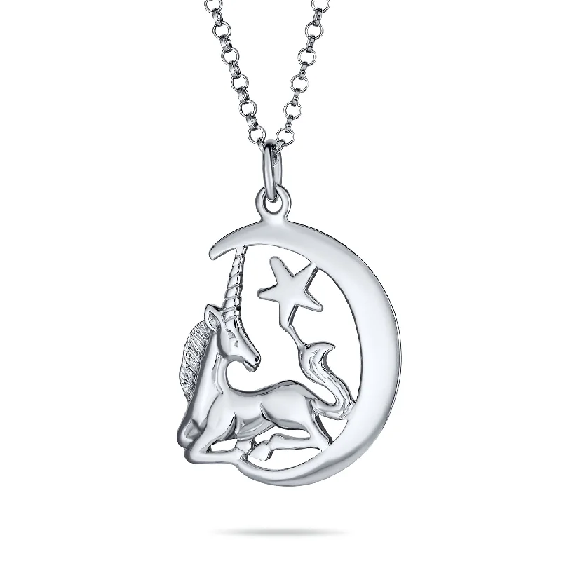 Silver Infinity Necklace-Unique Crescent Moon & Star Celestial Pegasus Unicorn Pendant Necklace Sterling Silver