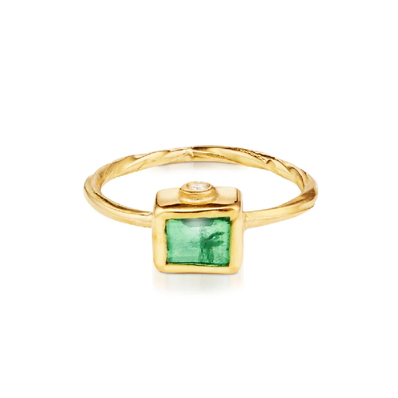 Unique Sterling Silver Ring-Seafire 18K Gold Ring w. Emerald & Diamond