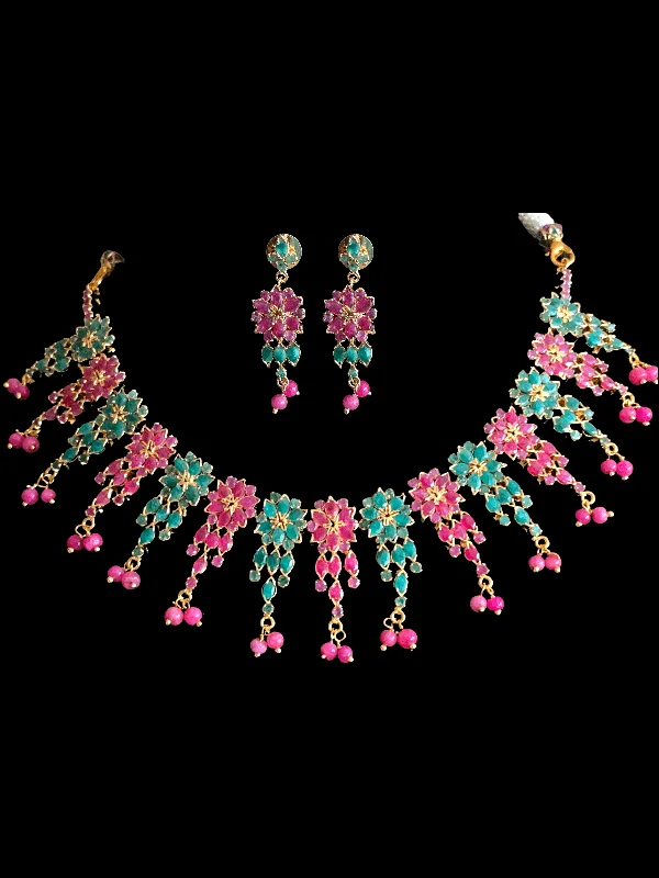 Elegant Choker Necklace-NS236  NEELAM, real ruby  emerald gold plated necklace set ( READY TO SHIP)